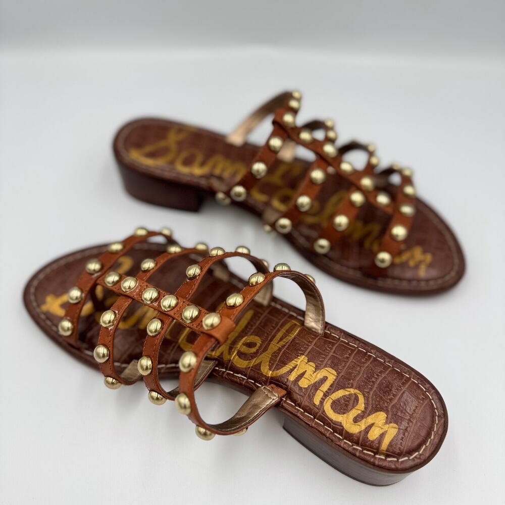 Sam Edelman Juniper Studded Gladiator Slide Sandal Brown Leather Gold 8.5 38.5 - Picture 14 of 15
